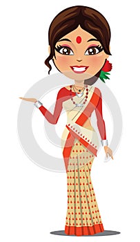 A happy and cute Indian woman wearing a traditional saree from the state of Assam in North East India - Vector