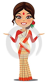 A happy and cute Indian woman wearing a traditional saree from the state of Assam in North East India - Vector