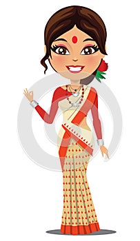 A happy and cute Indian woman wearing a traditional saree from the state of Assam in North East India - Vector