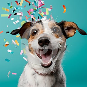 a happy cute jack russell dog with birthday strips on background generative AI