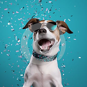 a happy cute jack russell dog with birthday strips on light blue background generative AI