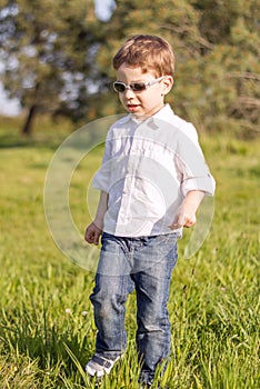 Happy cute kid walking by the grass of sunny field