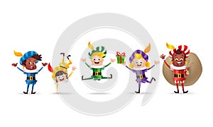 Happy and cute kids celebrate Saint Nicholas day or Sinterklaas day - vector illustration isolated