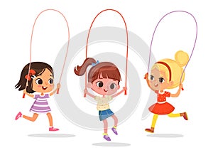 Happy cute kids girls play jump rope. Cartoon Illustration of children playing Jump rope. Vector