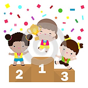 Happy cute kids girls win on podium, Children with medals for victory stand on the sports pedestal isolated on white background.
