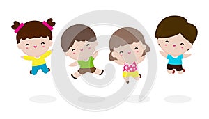 Happy cute kids jumping together with friend, set of children playing isolated on white background Vector illustration.