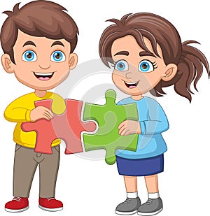 Happy Cute Kids Play Solving Puzzles Together