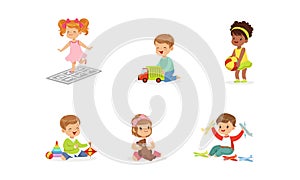 Happy Cute Kids Playing Toys Set, Little Boys and Girls Hugging Teddy Bear, Playing with Ball, Car, Pyramid Cartoon