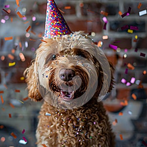 Happy cute Labradoodle dog wearing party hat celebrating birthday party, surrounded by falling confetti