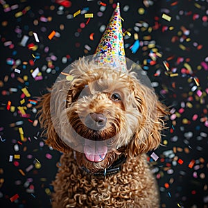 Happy cute Labradoodle dog wearing party hat celebrating birthday party, surrounded by falling confetti