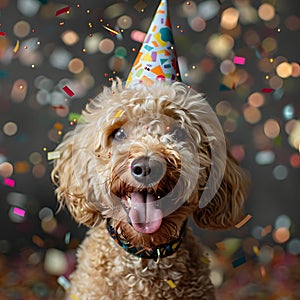 Happy cute Labradoodle dog wearing party hat celebrating birthday party, surrounded by falling confetti