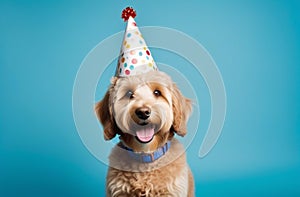 Happy cute labradoodle dog wearing a party hat celebrating at a birthday, pet day