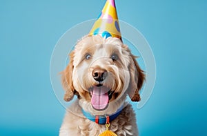 Happy cute labradoodle dog wearing a party hat celebrating at a birthday, pet day