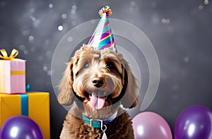 Happy cute labradoodle dog wearing a party hat celebrating at a birthday, pet day