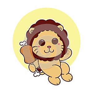 happy cute lion eat meat food adorable cartoon doodle