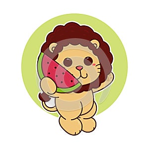 happy cute lion eat watermelon fruit adorable cartoon doodle