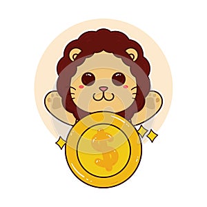 happy cute lion and money coin adorable cartoon doodle
