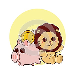 happy cute lion piggy bank money adorable cartoon doodle