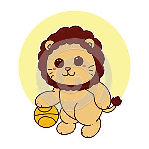 happy cute lion play basketball sport adorable cartoon doodle