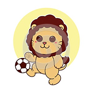 happy cute lion play soccer ball sport adorable cartoon doodle