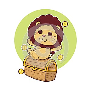 happy cute lion treasure box adorable cartoon doodle
