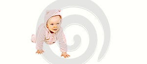 Happy cute little baby crawling in pink bathrobe on the floor on white background, banner blank copy space for advertising text