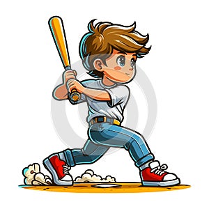 Happy cute little boy playing baseball softball in action cartoon vector illustration, hitter swinging with bat design template