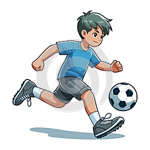 Happy cute little boy playing soccer football game in action cartoon vector illustration, kid player kicking ball design template