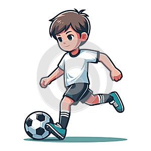 Happy cute little boy playing soccer football game in action cartoon vector illustration, kid player kicking ball design template