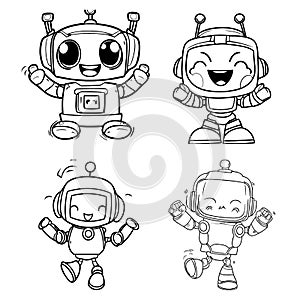 Happy Cute little cartoon robots jumping set. Doodle style line art. Isolated vector illustration.