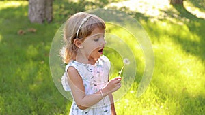 Happy cute little girl blowing on dandelion flower in summer day.