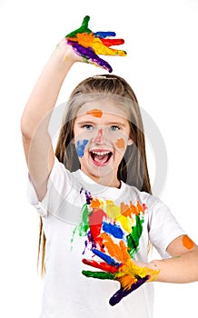 Happy cute little girl with colorful painted hands