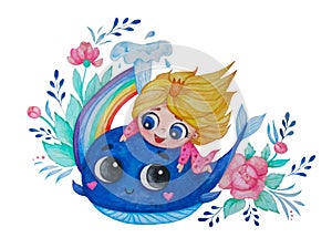 Happy cute little girl princess and blue whale on a background of rainbow and flowers. Childrens collection. Watercolor. Hand