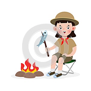 Happy cute little kid wear boy scout honor uniform, children girl scout cartoon flat character isolated vector illustration