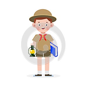 Happy cute little kid wear boy scout honor uniform, children girl scout cartoon flat character isolated vector illustration