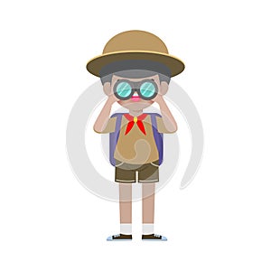 Happy cute little kid wear scout honor uniform, children girl scout cartoon flat character isolated vector illustration