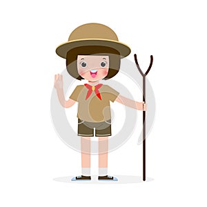 Happy cute little kid wear scout honor uniform, children girl scout cartoon flat character isolated vector illustration