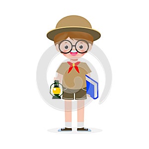 Happy cute little kid wear scout honor uniform, children girl scout cartoon flat character isolated vector illustration