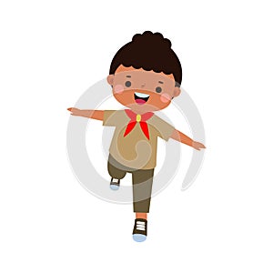 Happy cute little kid wear scout honor uniform, children girl scout cartoon flat character isolated vector illustration background