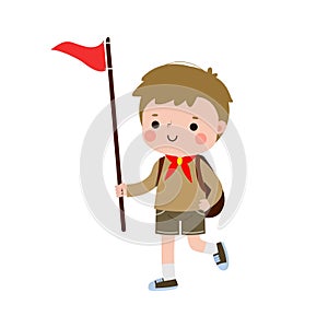 Happy cute little kid wear scout honor uniform, children girl scout cartoon flat character isolated vector illustration background