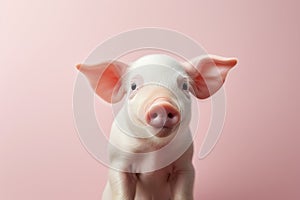 Happy cute mini pig isolated on pink background. Happy funny piglet. Exotic domestic pet