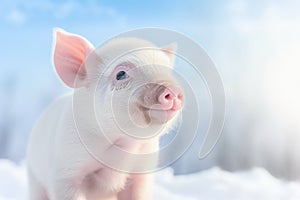 Happy cute mini pig isolated on white background. Pink funny piglet