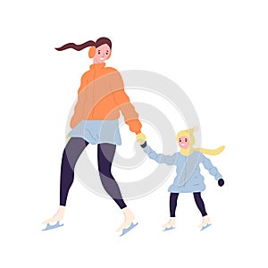 Happy cute mom and daughter on ice skates. Smiling mother and child in outerwear ice skating on rink. Winter outdoor