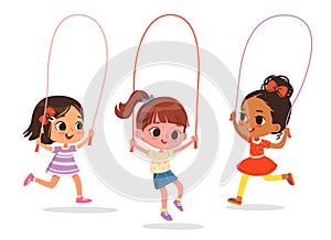 Happy cute multicultural girls play jump rope. Cartoon Illustration of children playing Jump rope. Vector