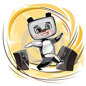 Happy cute panda Teddy Bear dancing. Loud music from speakers. Dance of a funny animal child. Cartoon style