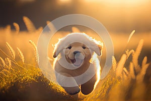 Happy cute puppet Golden Retriever dog running in the meadow on golden sunlight background. Generative AI