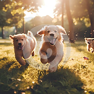 Happy cute puppies playing in park on sunny summer morning. Dogs running on grass. AI