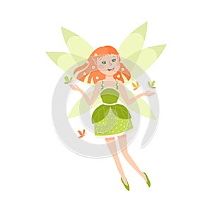 Happy Cute Readhead Girl Fairy with Wings, Lovely Winged Elf Princesses in Green Dress with Butterflies Cartoon Style