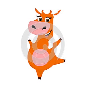 Happy, cute red cow with white spots. Funny smiling cheerful toy cow with big eyes. Cartoon vector character illustration on white