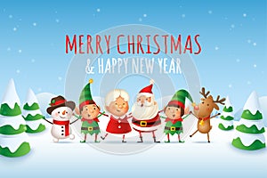 Happy and cute Santa Claus, Mrs Claus, Elves, Reindeer and Snowman celebrate winter holidays - Merry Christmas and Happy New Year